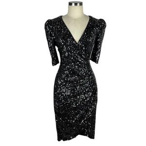 CALVIN KLEIN Black Silver Sequin V-Neck Sheath Mini Dress Sparkly Women's 8 Glam